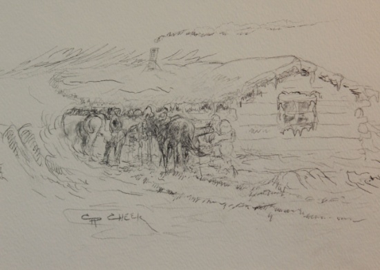 Cheek, C. R. pen/ink, 8" x 10", Horses by Cabin