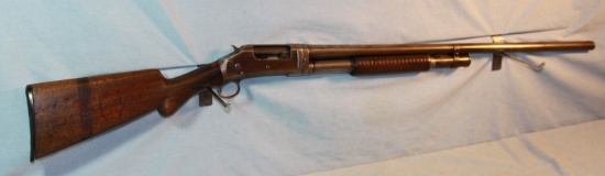 Win. 97 pump shotgun, 12 ga., #586822, small crack in stock, some wood repa