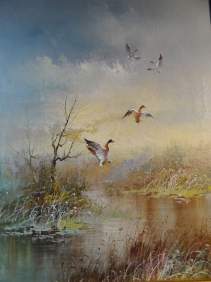 Dorsey, B. untitled oil on canvas, Mallards Incoming, 24" x 19", ornate fra