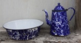 Cobalt blue enamel ware coffee pot and hand wash basin