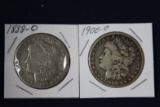 2 Morgan dollars: 1888 O, 1900 O
