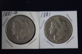 2 Morgan dollars: 1881, 1881 O