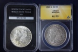 2 Morgan dollars: 1921 Morgan, Uncirculated, 1921 Morgan (AU-53