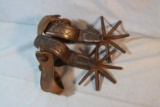Mexican style inlaid silver mtd & etched iron spurs, large rowels; Youth wr