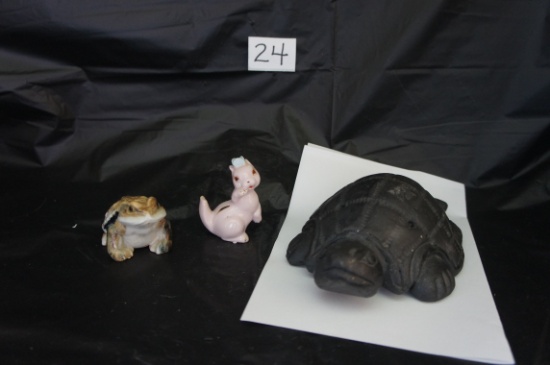 Resin "7 inch Turtle incense burner",  ceramic frog 3 inch,   rabbit (broken piece)