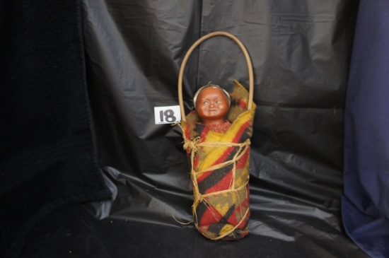 "Baby Indian Doll All Wrapped Up"  in caring pouch   doll 9 " long  -  w/handle on pouch = 12 "