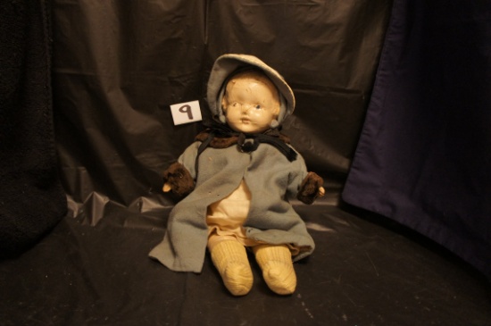 "Hard Plastic Face & Arm Hands - Cloth body Doll"    14 " tall      [face, arms, hands cracks]