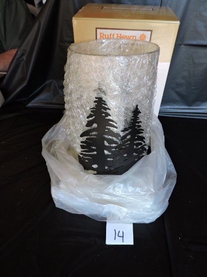 Woodland Iron Hurricane Candle Holder, Ruff Hewn, New In Box, 8 3/8" High, 4 1/2" Dia.