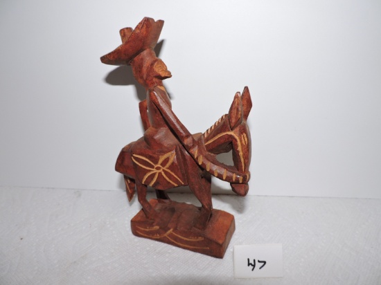 Wooden Person On Horse/Donkey Carving, 8"