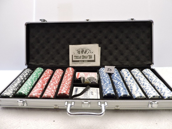 Texas Hold 'Em Game Set, Game Pieces Still In Packages, Lined Metal Case, 23" x 8" x 3"