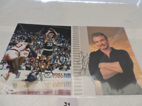 2 Autographed Pictures, Larry Bird-Boston Celtics, Burt Reynolds, No COA's, 8" x 10"