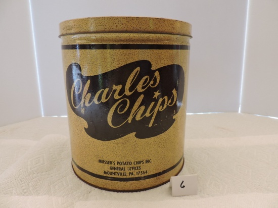 Charles Chips Tin Container, Musser's Potato Chips, Inc., 9 1/2" x 8 1/4" round, Dent on side