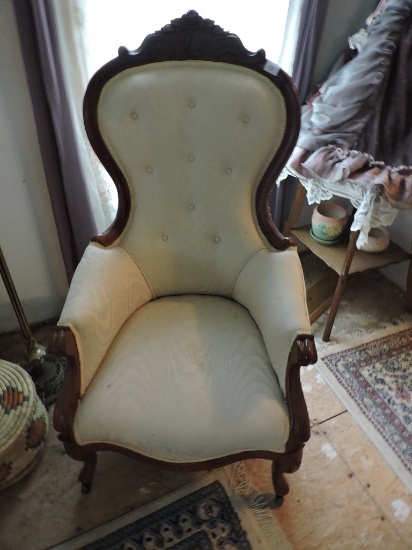 Vintage Chair, Fabric, Wood, Carvings, Rollers, 46" x 24" x 24", LOCAL PICK UP ONLY