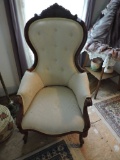 Vintage Chair, Fabric, Wood, Carvings, Rollers, 46
