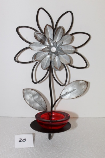 Metal Flower Wall Sconce, Metal, Glass Candle Holder, 12" x 6 1/2"