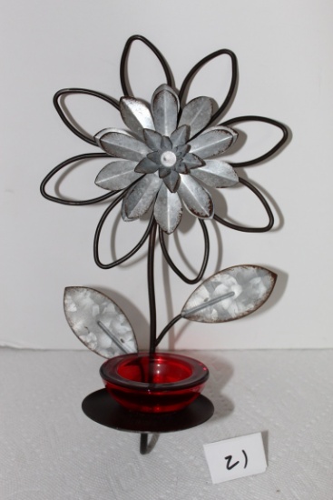Metal Flower Wall Sconce, Metal, Glass Candle Holder, 12" x 6 1/2"