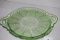 Green Depression Glass Platter Plate, Cherry Blossoms, Handles, Jeanette, 12 3/8