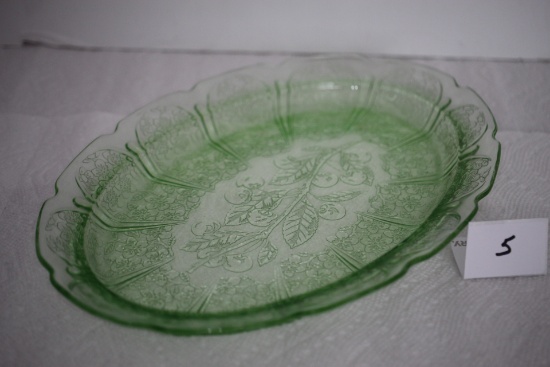 Green Depression Glass Serving Platter, Cherry Blossoms, Jeanette, 11" x 7 3/4"