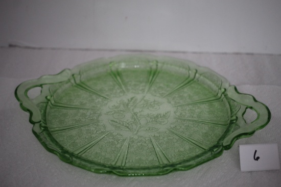 Green Depression Glass Platter Plate, Cherry Blossoms, Handles, Jeanette, 12 3/8" W incl. handles