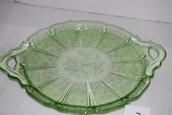 Green Depression Glass Platter Plate, Cherry Blossoms, Handles, Jeanette, 12 3/8" W incl. handles