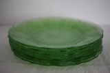 Set of 9 Green Depression Glass Plates, Cherry Blossoms, Jeanette, 7