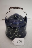 Vintage Pot With Coiled Handle, Ceramic, Colbalt Blue Spatter, 5