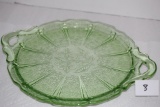 Green Depression Glass Platter Plate, Cherry Blossoms, Handles, Jeanette, 12 3/8