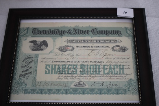 Framed 1902 Trowbridge & Niver Company Stock Certificate, New Jersey, $1,000,  #214