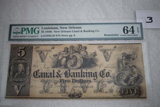 New Orleans Canal & Banking Co., $5, 1840's, PMG #64 EPQ