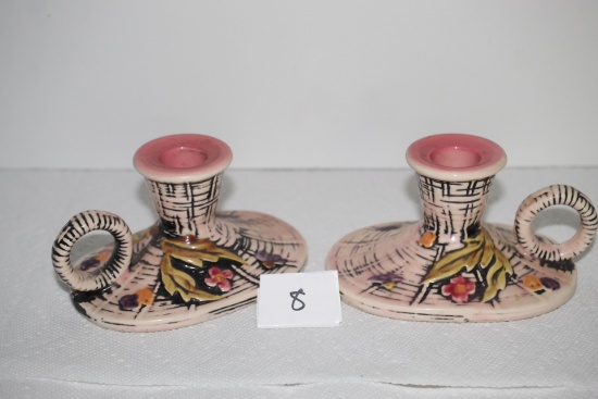 Hull Pottery Candle Holders, Blossom Flite, USA, T11, c. '55, 5 1/2" L x 3 3/4" W x 3"H