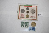 Vintage Abraham Lincoln Commemorative Coin & 3 Stamps, 5 Macau Coins
