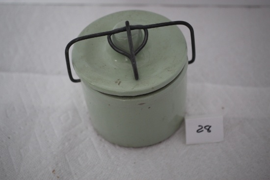 Vintage Light Green Butter/Cheese Crock, Lid, Wire Bail, Seal, 4 1/2" H x 4" round