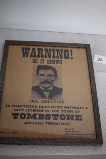 Framed Doc Holiday Warning Sign, 14 3/4" x 11 3/4" incl. frame