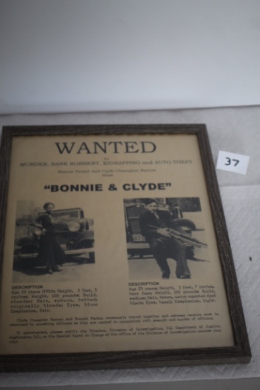 Framed Bonnie & Clyde Wanted Sign, 14 3/4" x 11 3/4" incl. frame