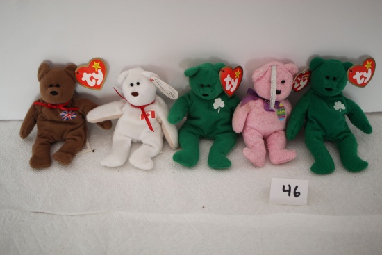 5 Ty Teenie Beanie Babies, 2-Erin-1993, Britannia-1993, Eggs-2001, Maple-1993