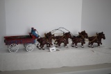 Cast Iron Horses & Wagon, Metal Wagon Insert, Wooden Barrels, 29