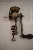 Vintage Cast Iron Brass Cup Table Mount Meat Grinder, Wooden Handle, 7 1/2