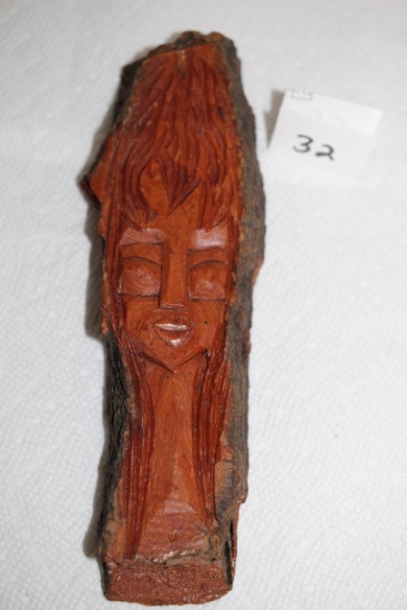 Wood Face Carving, Jan Szostak Stamped On Back, 8 1/2" x 2 3/4"