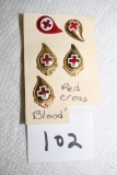 Red Cross Donor Pins, Red-back missing, Gold Tone Donor,  2 Gallon,  4 Gallon, 5 Gallon
