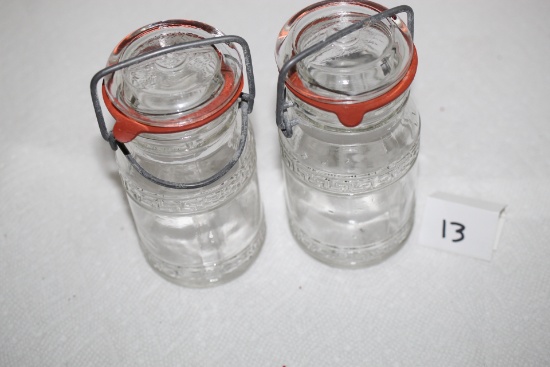 Glass Jars With Lids, Seals, Wire Bales, Heaton N.J. On Bottom, 5 1/4" x 2 1/2" round