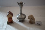 Norway Hagness Pewter Bud Vase, 1988 Puppy Love Figurine, Enesco, 1989 Lefton China Outhouse