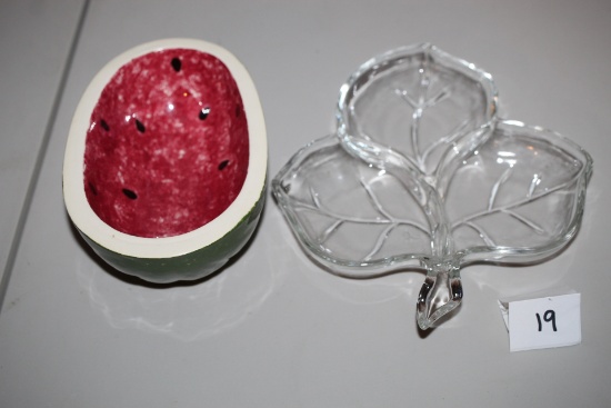 Glass Leaf Candy Dish-6 3/4" x 8", Small Watermelon Dish-2 1/2"H x 4 1/4"W x 6 1/4"D