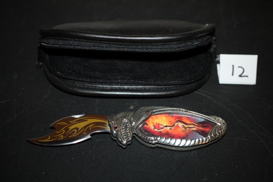 Franklin Mint Knightstone Boris Vallejo Lady Dragon Pocket Knife With Case, Metal, 7"