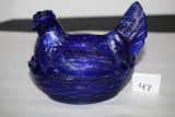 Blue Glass Rooster Covered Bowl, 6