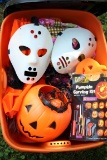 3 Totes Halloween Decorations, Costumes, Display Figures, Lights, Misc.