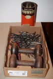 2 Metal 10lb Weights, Assorted Drill Bits, Tin