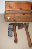 Wooden Tool Box, Hatchets, Drill Bits