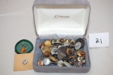 Assorted Vintage Buttons, Pins, Patch, Box = 4