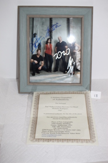 Framed Autographed Picture, Paul Walker, Jordana Brewster, Vin Diesel, Michelle Rodriguez