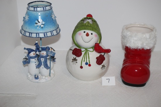 Assorted Christmas Décor, Ceramic Boot, Votive Candle Snowman, Snowman Votive Candle Lamp